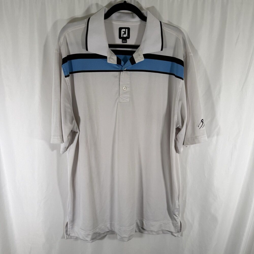 FootJoy Polo Men's Large White Blue Striped Short Sleeve Collared Stains